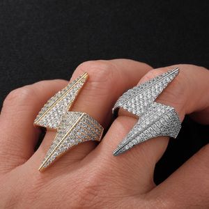 Iced Out Lightning Ring Fashion Mens Silver Gold Anneaux Hip Hop Full Diamond Rings Bijoux