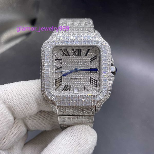 Montre homme glacée boîtier plein diamants pierres baguette lunette diamants et cadran romain montre automatique homme brillantMontre de luxe sertie de diamants