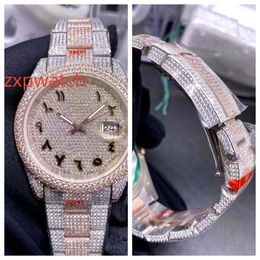 Iced Out Men Watches 2824 Beweging Shiny Swarovski Diamonds Rose Gold Two Tone Case 40mm Arabische Dial Hip Hop Watch