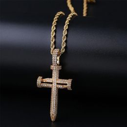 Collier avec pendentif croix à ongles pour hommes, Micro pavé glacé, Hip Hop, couleur or argent, chaînes à breloques, bijoux cadeau 3307