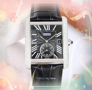 Iced One Eye Designer Square Roman Tank Roan Dial Men Watch Luxury Président Two Line Diamonds Anneau horloge brillant Starry Japan Quartz Mouvement Cow Cow Leather Watches Gifts