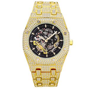 Montre-bracelet mécanique automatique ajourée glacée pour hommes, entièrement brillante, diamant CZ, remontage manuel, cadran squelette, montres de luxe