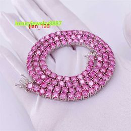 Iced Pass Diamond Tester Pink VVS Moisanite Diamond Diamond 3 mm 4 mm Chaîne de tennis de collier en argent sterling
