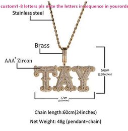 Iced out pendentif Nom personnalisé Collier Pendant pour hommes Femmes Prong Setting CZ Zircon Letters Colliers Hip Hop Bijoux en acier inoxydable Chaîne de corde 24 pouces