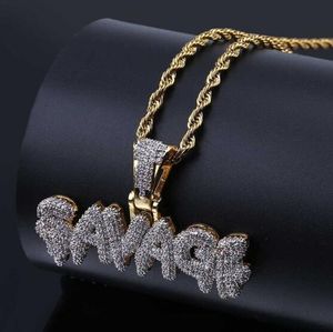 Iced Out Colgante Hip Hop Joyería Collar de diseñador Oro para hombre Cadenas de diamantes Colgante Micro Pave CZ Bling Bubble Letter SAVAGE GB1511