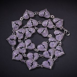 Collier en Zircon violet glacé pour hommes et femmes, chaîne en forme de cœur brisé, bijoux Hip Hop, cadeau, nouvelle collection