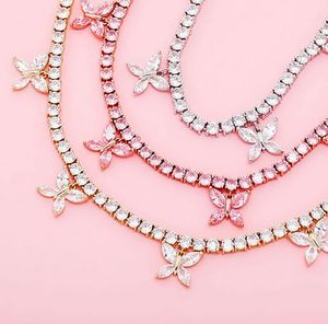 Iced Out Pink Butterfly Tennis Chain Real Zirconia Stones Goud Verzilde Single Row Men Women 5mm Diamanten ketting sieraden