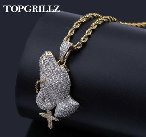 Collier pendentif main de prière glacée avec hommes femmes or argent couleur Hip Hop charme bijoux collier chaîne pour cadeaux T19112925245009423