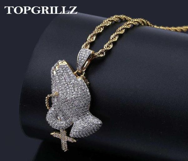 Collier pendentif main de prière glacée pour hommes/femmes, couleur or argent, chaîne de bijoux à breloques Hip Hop, cadeaux 2106215980676