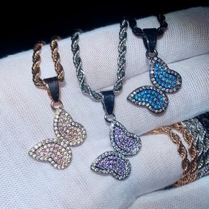 Iced Out Paars Blauw Roze Kleur Zirkonia Mini Vlinder Bedel Hanger Ketting met Touwketting Hiphop Schattig Schattig Dames Heren Volledig verhard 5A Kubieke Zirkonia Cadeau-sieraden