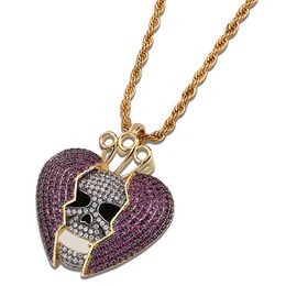 Iced Out Purple Skull Skeleton Heart Broken Hanger Ketting Micro Pave Cubic Zirkoon Hiphop Jewelry Met 3mm 24 inch touw ketting