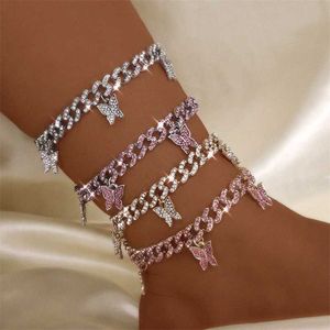 Iced Out Strass Cubaanse Link Chain Enkelbanden voor Vrouwen Punk TOP Hop Crystal Vlinder Enkelband Barefoot Sieraden 230719