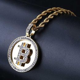 Collana con pendente rotondo ghiacciato Simbolo Bitcoin Collane Hip Hop da uomo placcate in oro Gioielli2506