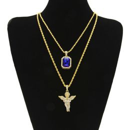 Iced Out Ruby Ketting Set Merk Micro Ruby Angel Jesus Wing Hanger Hip Hop Ketting Mannelijke Sieraden Whole296O