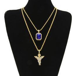 Iced Out Ruby Ketting Set Merk Micro Ruby Angel Jesus Wing Hanger Hip Hop Ketting Mannelijke Sieraden Whole205W