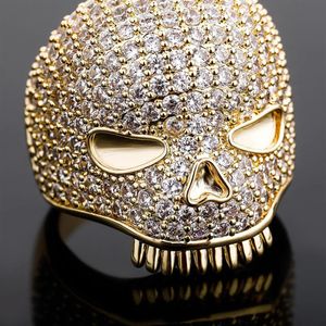 Bague crâne glacé pour hommes, bague en argent et or, haute qualité, diamant complet, Hip Hop, bijoux 328w