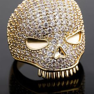 Anillo de calavera helado para hombre, anillo de oro y plata, anillos de Hip Hop con diamantes llenos de alta calidad, joyería 308v