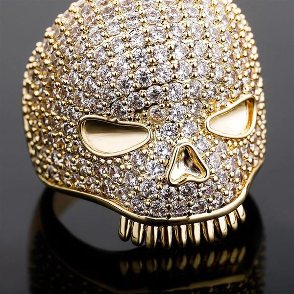 Bague crâne glacé pour hommes, bague en argent et or, haute qualité, diamant complet, Hip Hop, bijoux 291C