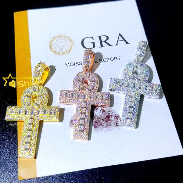 Iced Out Solid Gold plaqué ankh croix pendentifs argent sterling sterling Moisanite diamant hip hop croix et chaînes bijoux