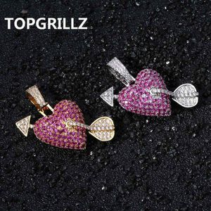 Collier pendentif coeur solide glacé avec flèche couleur or argent Bling Zircon chaînes hip hop pour hommes bijoux pour cadeau de la Saint-Valentin