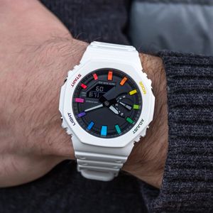 ICED Out Sports Reloj digital de cuarzo para hombre con todas las funciones LED Hora mundial Rainbow White Se puede ensamblar por separado