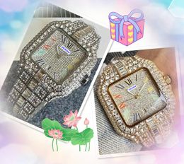 Iced Out Square Roman Tank Codor Watch Hip Hop Solid Fine Fine en acier inoxydable Calendrier Calendrier Mouvement Mouvement Corloge Businets Diamants Ring Wholesale Mâle Cadeaux Malles de bracelet