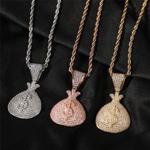 Collier avec pendentif en forme de sac en dollars américains pour hommes, plaqué or et argent, bijoux scintillants, cadeau 263z