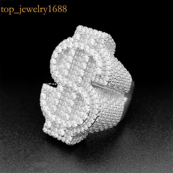 Iced Out Vermeil VVS Moisanite Bling Sier entièrement pave baguette diamant anneaux Hip Hop Men Money Dollar Ring