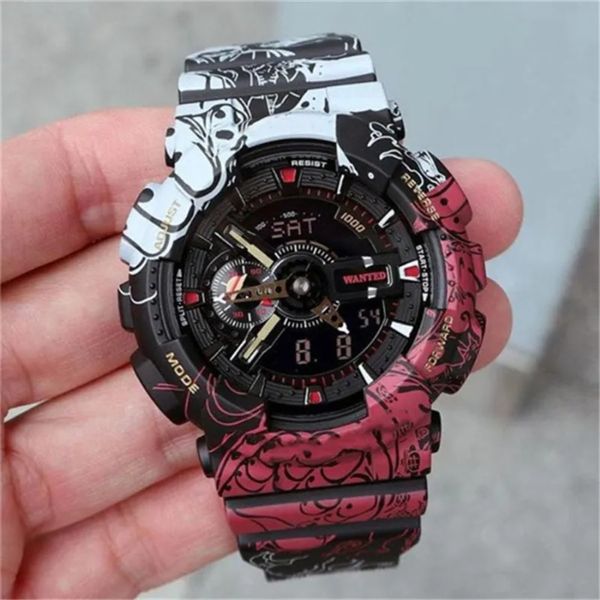 Iced Out Montre Hommes Quartz Montre De Sport Numérique LED Heure Mondiale Étanche Camouflage Grand Cadran Série Chêne Lampe De Levage Automatique À La Main