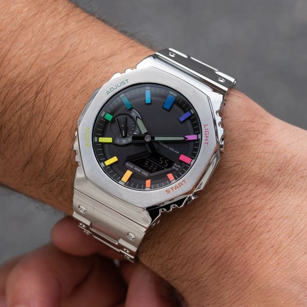 Iced Out Watch Sports Quartz Digital Mens Alloy LED Rainbow Dial Hora mundial Serie GM Oak con todas las funciones con caja original