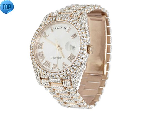 Montre de poignet glacé Moisanite Diamond Mens Watch Rose Gold plaqué en acier inoxydable Men de luxe montre