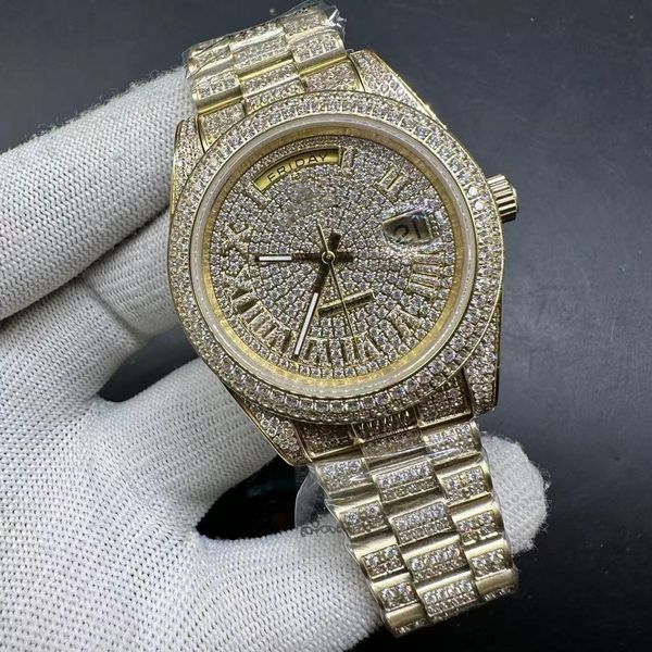 Iced out montre-bracelet 41mm plein de diamants boîtier en or diamants visage romain 2813 montre automatique pour hommes