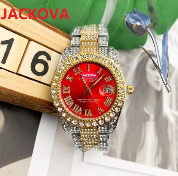 Iced Out Yellow Gold Big Luxury Quartz Watches Day-Date Acier Inoxydable President Business Red Mens Womens Diamonds Strass Montres-bracelets