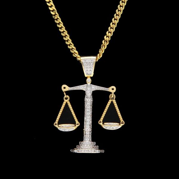 Glacé Zircon Balance balance balance pendentif argent or cuivre matériel hommes Hip hop collier chaîne 256B