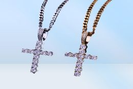 Pendentif croix en Zircon glacé avec chaîne de Tennis de 4mm, ensemble de bijoux Hip hop pour hommes, or argent CZ, collier pendentif Set2590451