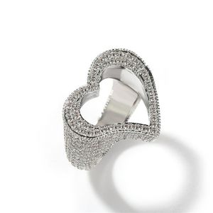 Zircão gelado com pedras laterais oco amor coração forma anéis anel personalizado presente do dia dos namorados 228h