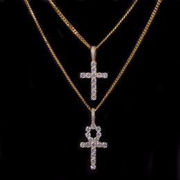 Collana con croce Ankh con zirconi ghiacciati Set di gioielli in oro argento con materiale di rame Bling CZ Chiave per la vita Collane con pendenti in Egitto295U