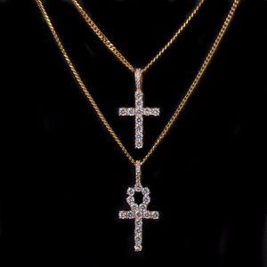 Collier croix Ankh en Zircon glacé, ensemble de bijoux, or, argent, cuivre, matériau scintillant, clé de la vie, pendentifs égyptiens, 330J