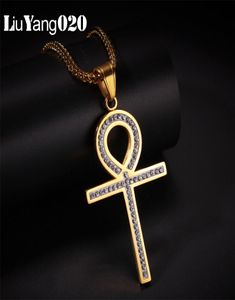 Collier Ankh en Zircon glacé, pendentif la clé du Nil, chaîne en acier inoxydable de couleur or pour hommes, bijoux croix égyptienne de hanche Ho8865141
