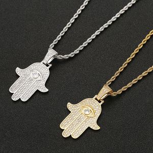 Pendentif main Hamsa en Zircon glacé, en cuivre, or, argent, collier de paume de Fatima, bijoux Hip Hop pour hommes et femmes, 319H