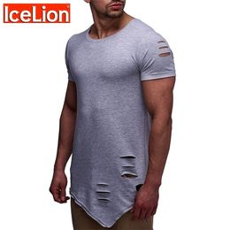IceLion Nouveau Printemps Trou Irrégulier T-shirt Hommes Casual Long Fitness T-shirt Été À Manches Courtes Solide Slim Fit T-shirt Pour Hommes 210409
