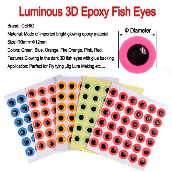 Icerio 100pcs Glow Luminous 3D Eyes de poisson époxy pour attacher des mouches à mouches salées mouches de pêche de pêche