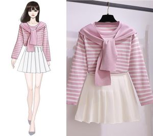 ICHOIX Mini Kit Casual Casual Lindo Set Mujeres Rosa Pink Top White Falda Autumn 2 Piece Outfits Korean Style1251210