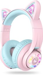 iClever Cat Ear Casque Bluetooth pour enfants, lumières LED jusqu'à 74, 85, 94 dB, volume limité, 50 heures de lecture, Bluetooth 5.2, USB C, sans fil sur l'oreille pour tablette iPad de voyage