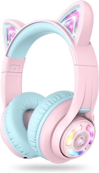 iClever Cat Ear Casque Bluetooth pour enfants, lumières LED jusqu'à 74, 85, 94 dB, volume limité, 50 heures de lecture, Bluetooth 5.2, USB C, sans fil sur l'oreille pour tablette iPad de voyage