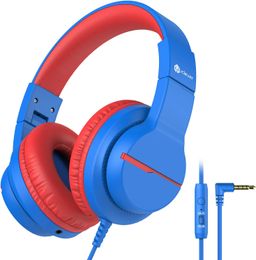 iClever Auriculares para niños para viajes escolares, volumen seguro 85/94 dB, sonido estéreo con micrófono HD sobre la oreja, FunShare plegable de 3,5 mm para computadora iPad