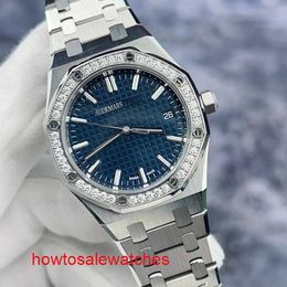Icónico reloj de pulsera AP para mujer Serie Royal Oak 77451ST Placa azul Reloj de mujer de acero con engaste de diamantes original Conmemorativo del 50 aniversario Garantía de 34 mm de diámetro