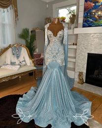 Icy Blue Long Evening Pageant Robes avec Cape Sparkly Diamond Crystal Gillter Birthday Celebrity Robe Gala Prom 2024 322