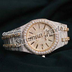 Ijzige tweekleurige automatische stalen body handgemaakte Moissanite diamanten horloges voor heren buste-down hiphophorloge