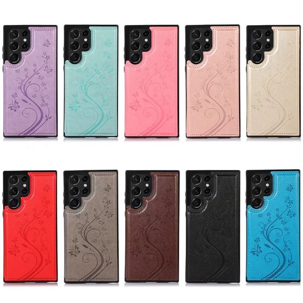 Mode ID Card Box Pocket Pack Étuis en cuir pour Samsung S23 S22 Plus S21 FE Note 20 Ultra S20 Slot magnétique TPU Flower Butterfly Holder Mobile Back Cover Pouch